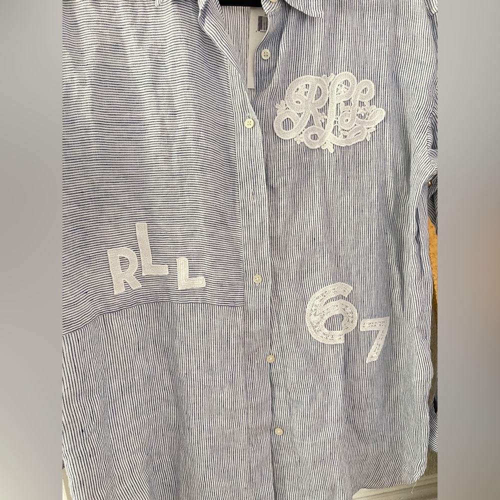 NWT Ralph Lauren Womens Linen Blue White Stripe Shirt Size S - Picture 3 of 4